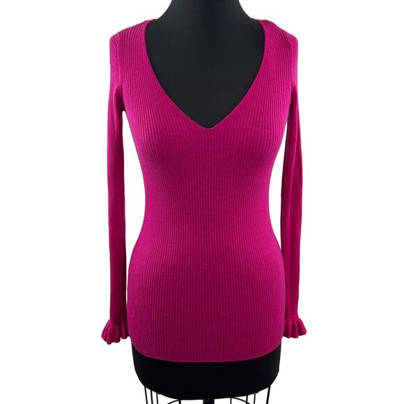 TANYA TAYLOR Wool Ribbed Sweater Magenta Bell Sleeve V-Neck Button Cuff S FLAW - Picture 1 of 10